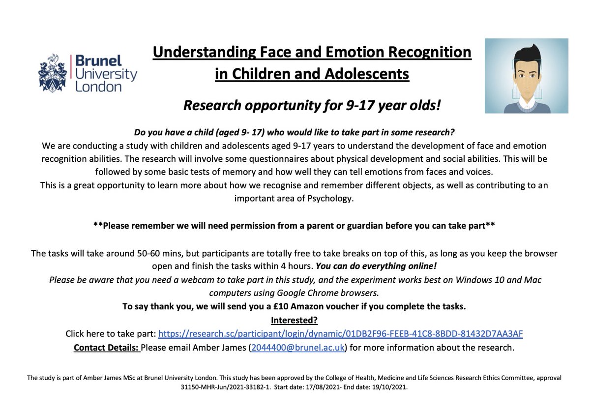 Do you know a child or teenager (9-17 years old) who is interested in science? Ask them to take part in this face processing research to help my MSc student and earn themselves £10! Please RT!
Access the study via this link (webcam required): research.sc/participant/lo…