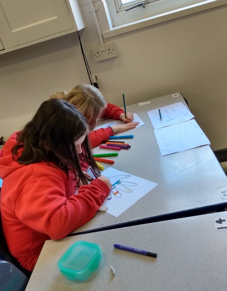 Year 6 pupils from Ysgol y Castell taking part in their Art activity -  decorating handprints to show their personalities and interests. Da iawn pawb!