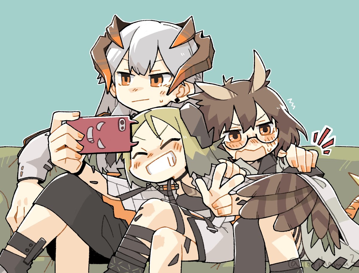 ifrit (arknights) ,saria (arknights) ,silence (arknights) multiple girls 3girls horns feather hair phone brown hair cellphone  illustration images