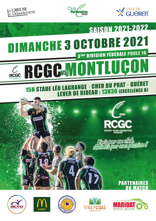 RC Guéretois Creuse 🟩⬛️ - OC Montluçon ◻️🟨🟦
📊 2ème journée 
💶👧👩 Entrée gratuite pour les supportrices
👮🏥 Pass sanitaire obligatoire
📆Dimanche 3 Octobre 2021
🏟Stade Léo Lagrange
👟🏉Coup d’envoi à 15h 🕒
👟🏉Réserves🦨 à 13h30 🕜