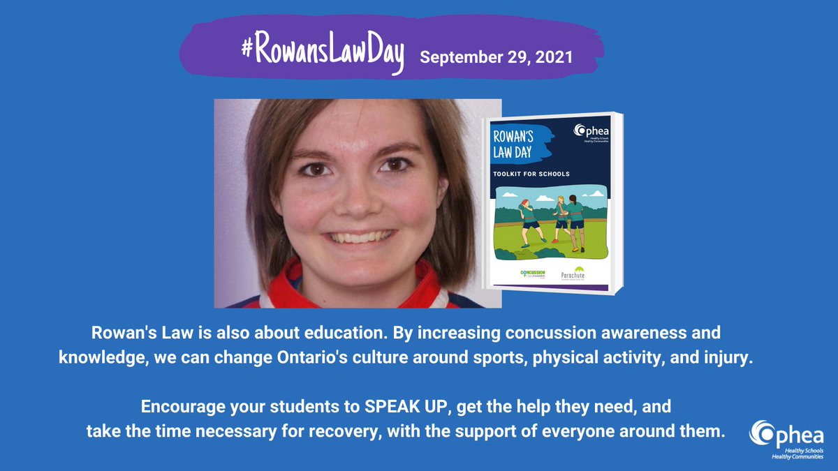 Today is #RowansLawDay and the Rowan's Law Day Toolkit for Schools is available to help schools and classrooms recognize and learn about the signs &amp; symptoms of #concussion, &amp; encourage students to speak up about concussions: bit.ly/2OdWpwe
#ConcussionSafety #HitStopSit