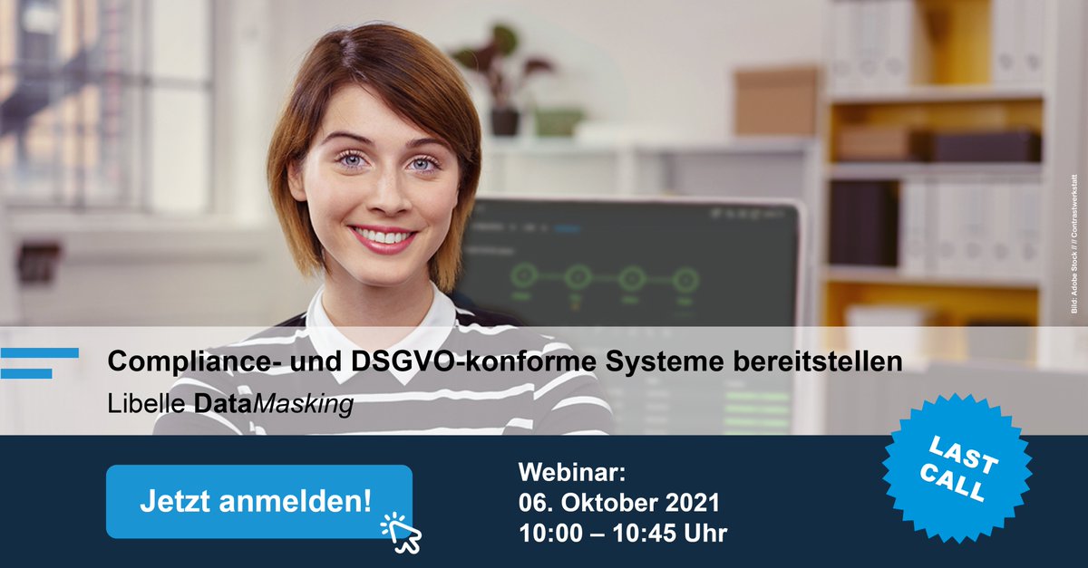 Libelle_IT's tweet photo. #LastCall
In einer Woche findet endlich unser #Webinar zum Thema „Compliance- und DSGVO-konforme Systeme bereitstellen“ statt. Sichern Sie sich jetzt noch Ihren Platz unter https://t.co/5VIhElgGXa und lernen Sie, wie Sie #Testdaten #DSGVO-konform #anonymisieren. https://t.co/zNzQc5EkWH