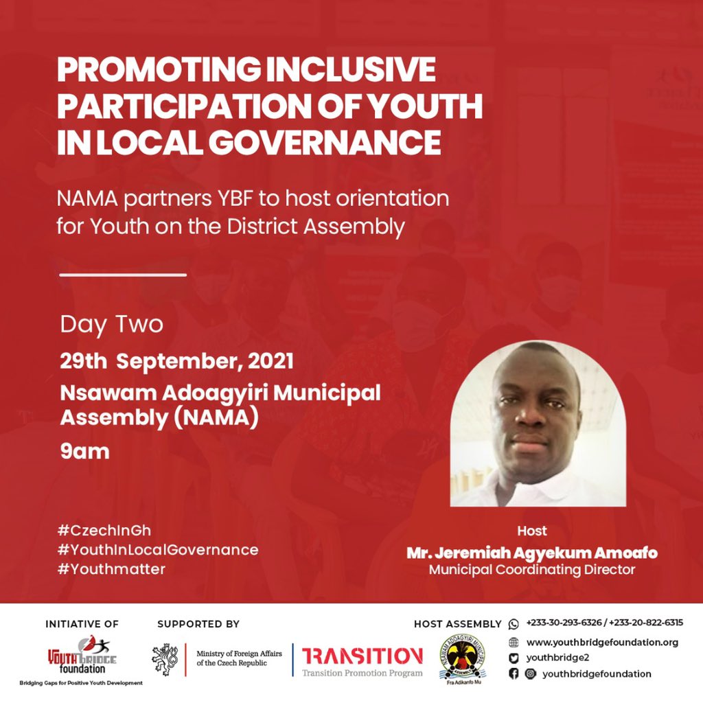 HAPPENING NOW! 

Day 2 - ToT Workshop on Ghana’s local governance processes. @nama_gh hosts youth delegates from the regions for a practical orientation session organized by YBF and #CzechInGhana through its Transitions Promotion Program.
 
#YouthInLocalGovernance #YouthMatter