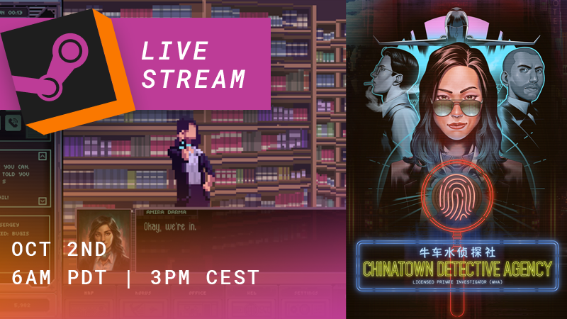 genintco's tweet photo. On Saturday Oct. 2nd join General Interactive's Game Director @mrkfillon and Writer @Tafdolphin for a stream themed around the narrative of Chinatown Detective Agency!

This is happening at 6am PDT / 9am EDT / 2pm BST / 3pm CEST / 9pm SGT

Don't miss it: https://t.co/KWI7erCUZo https://t.co/R9zyqVfRc1