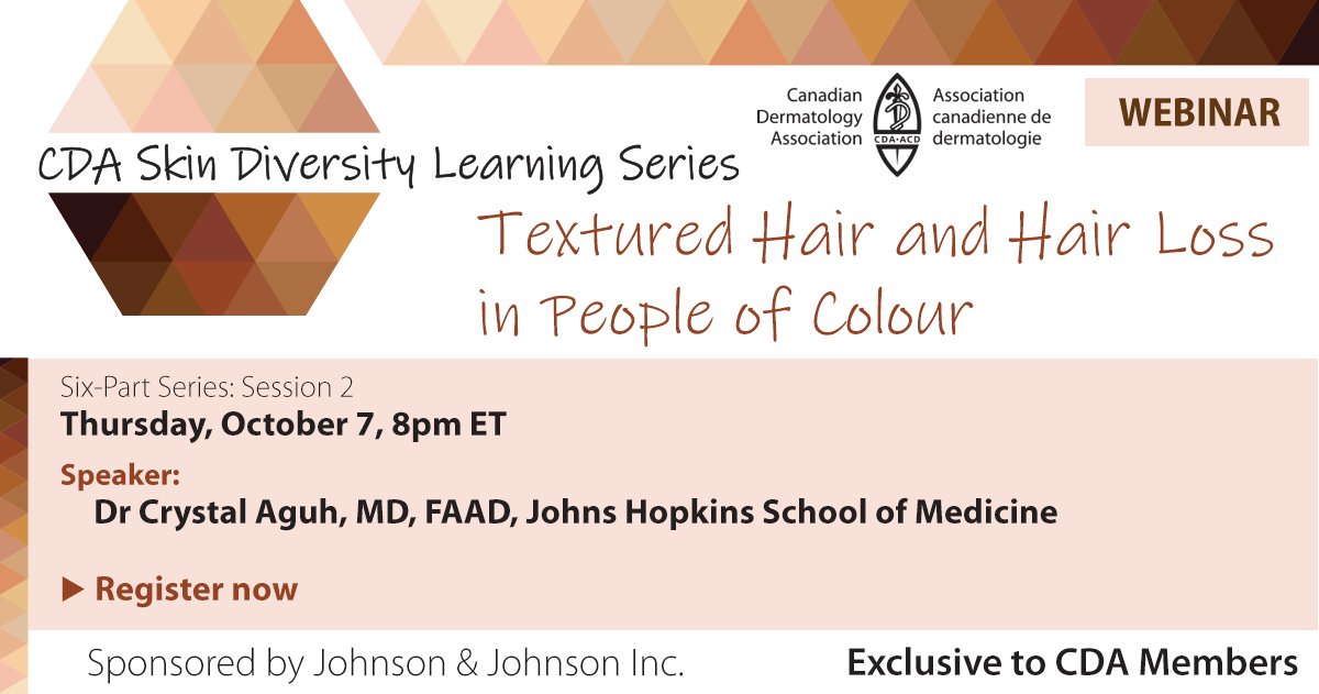Join us next Thursday at 8 pm ET for our second session of the Skin Diversity Learning Series! Textured Hair and Hair Loss in people of colour” will be delivered by <a href="/CrystalAguhMD/">Crystal Aguh MD</a> of Johns Hopkins School of Medicine. bit.ly/3kD9NLO