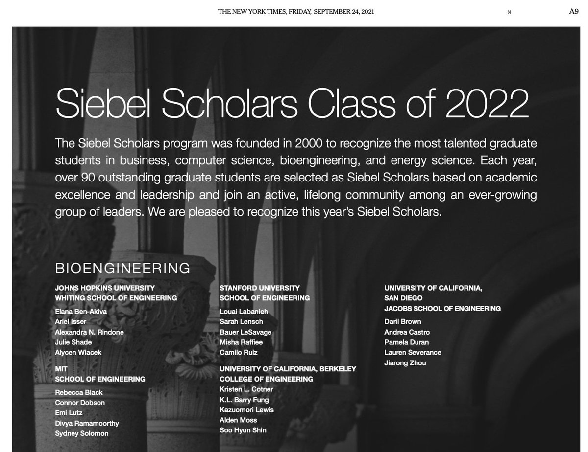 Honored to be named a 2022 Siebel Scholar for my PhD research with @jure! Picture from print edition of NYTimes.