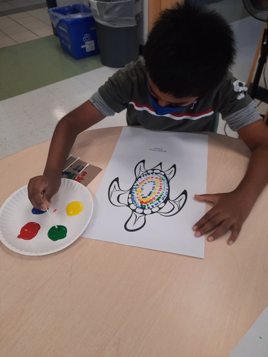 MsNurse03's tweet photo. Students creating dot art pictures, inspired by the beautiful artwork in "The Giving Tree: A retelling of a traditional Métis story" and other indigenous artworks.  @RedWillowPS  @PeelSchools https://t.co/YMw6mZ1AgO