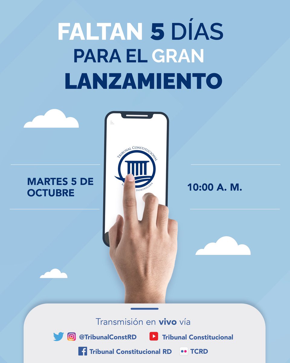TribunalConstRD's tweet photo. Solo 5 días para que conozcas lo nuevo del #TCRD.
Gran lanzamiento, el próximo martes 5 de octubre.
10:00 a. m.
#TcrdCercaDeTi
#ASoloUnClick https://t.co/4JXMtD3azu