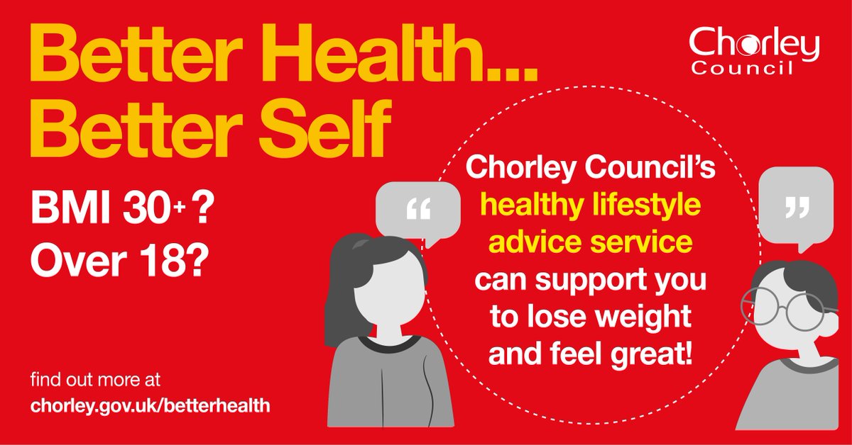 Still carrying a few extra lockdown pounds?

Better Health, Better Self can help you lose weight and feel great!

Includes 10 x weekly group sessions, expert advice &amp; friendly peer support.

Ask your GP or find out more at chorley.gov.uk/betterhealth