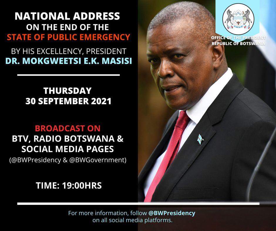 DumaFMRadio's tweet photo. PRESIDENT MASISI TO ADDRESS THE NATION ON THE END OF THE STATE OF PUBLIC EMERGENCY
🗓️: 30 SEPTEMBER 2021
🕖: 1900
#QualityAtSource
#MoreTalkMoreMusic https://t.co/mjXb8hStuJ
