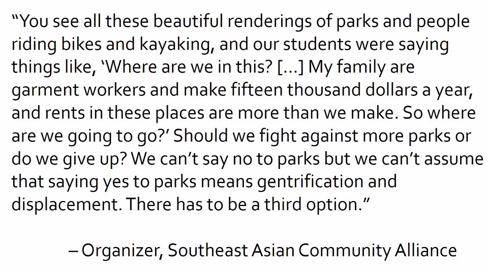 Yes, new development can bring parks and green space, but it can displace those who already live there, raising  median rents, re-shaping local businesses, breaking social ties. #Gentrification is not new but #GreenGentrification is.'Now that the neighborhood nice Where do I go?'