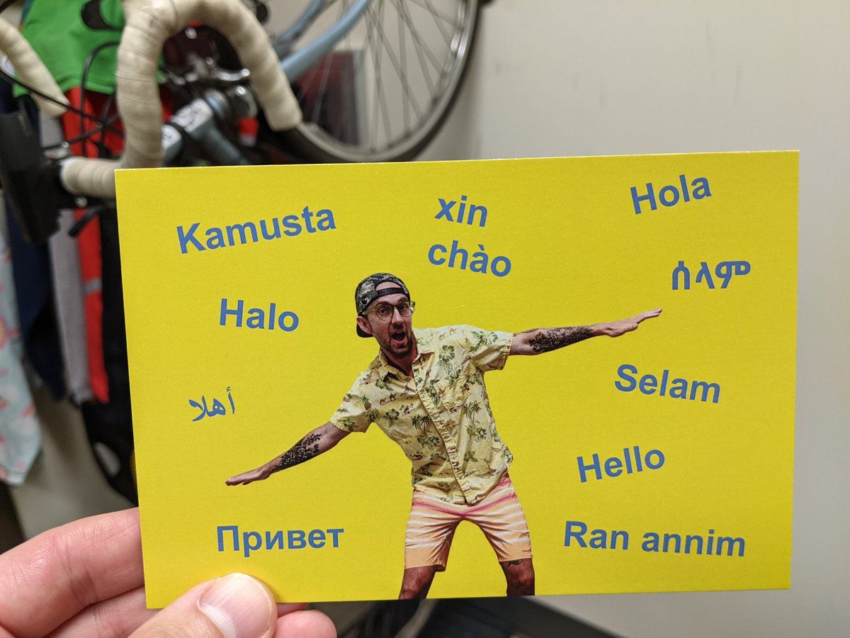 brack_hassell's tweet photo. Just got these sweet postcards in with hello in all the languages my new Ss speak at home. I'm sending a few out every Wednesday to Ss that are crushing it in #physed https://t.co/Mqitqsoc2O