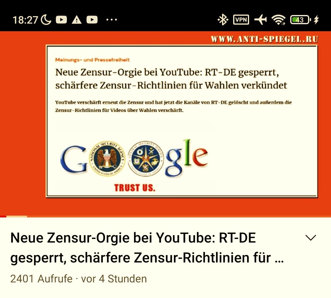 Matze54's tweet photo. Die kalifornischen Monopolisten drehen jetzt vollkommen durch ...
👎👎👎
Hört diesen wichtigen Anti-Spiegel-Beitrag ...
https://t.co/JWjycMPLdK
Das lässt sich Russland nicht bieten ...
#Zensur #YouTube #AntiSpiegel #RTDE #DerFehlendePart https://t.co/3H8ZJIoQs6