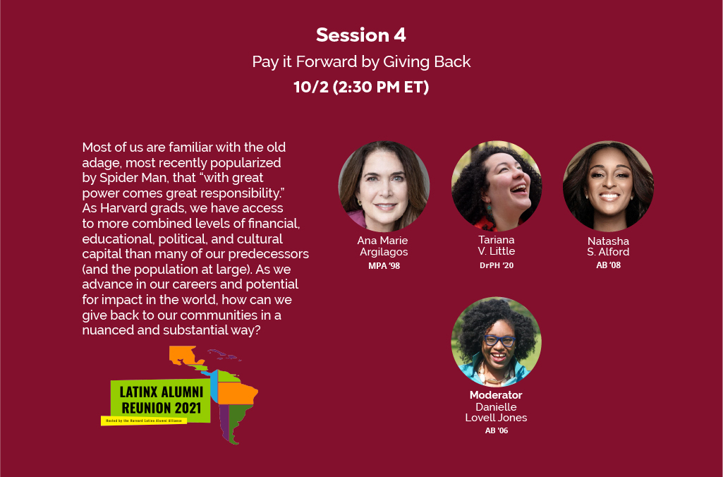 HarvLatinoAlum's tweet image. Join us on 10/2 for our 4th panel discussion, "Pay it Forward by Giving Back."
 
Featuring fellow Latinx alumni:
◾️ Ana Marie Argilagos, MPA ‘98
◾️ Natasha S. Alford, AB ‘08
◾️ Tarriana V. Little, DrPH ‘20
 
🕛 10/2 2:30 ET | 1:30 CT | 11:30 PT
📍 Virtual event #linkinthread