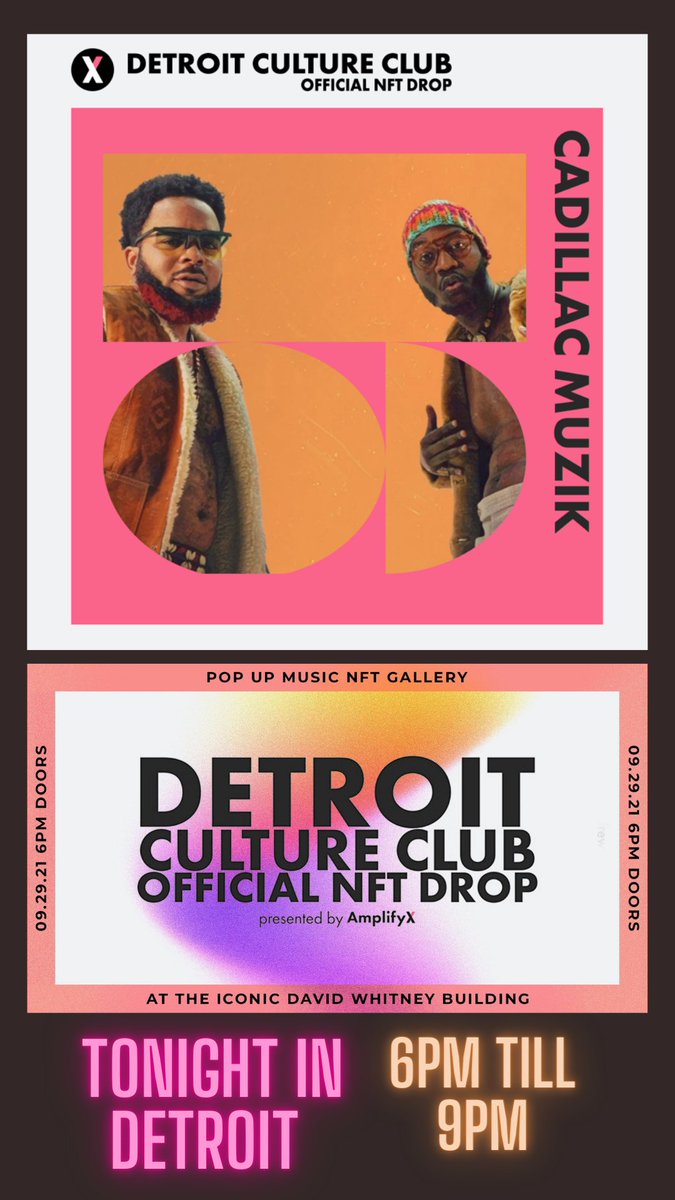 <a href="/CADDYMUZIK/">Cadillac Muzik</a> showcasing new music Tonight in Detroit at <a href="/TheDavidWhitney/">David Whitney Bldg.</a> from 6pm till 9pm EDT... Sponsored By <a href="/amplifyartists/">AmplifyX</a> 

Get Tickets Here 🎟 
eventbrite.com/e/music-nft-ga…

#Detroit #DetroitRoots #detroittoday #detroitblogger #Detroitmusic #detroitmusicians #Detroitart