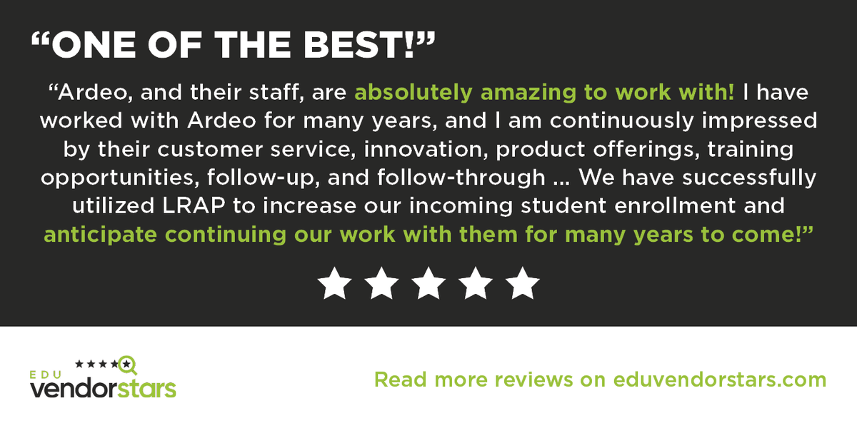 ArdeoEducation's tweet photo. We're proud to be 5-star rated on Edu Vendor Stars! Check out more reviews from higher education professionals on their website: https://t.co/x4daCkI5mK #highereducation #lrapswork https://t.co/gQlPJNttbL