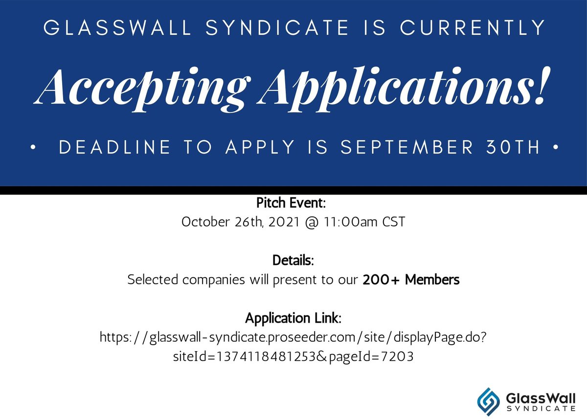 📣 GlassWall Syndicate is Accepting Pitch Applications 📣

Are you an early-stage company removing animals from the supply chain?!

Will you be actively fundraising in late October?!

Deadline is 9/30, applications take ~20 minutes.

glasswall-syndicate.proseeder.com/site/displayPa…