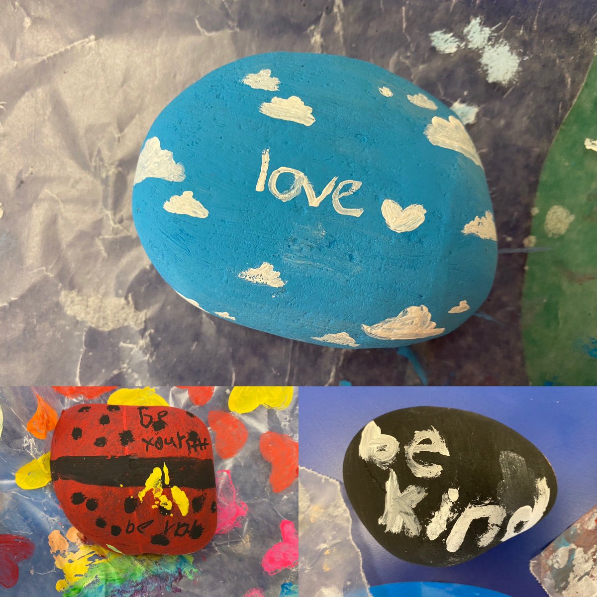 MrsHodderEDU's tweet photo. After listening to the story “Trudy’s Rock Story” grade 6’s painted rocks with kind words to teach that we should always be accepting of others. #orangeshirtday #bekind @RoncalliSchool https://t.co/UkmTCk2nb8