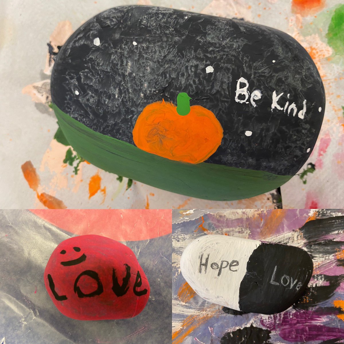 MrsHodderEDU's tweet photo. After listening to the story “Trudy’s Rock Story” grade 6’s painted rocks with kind words to teach that we should always be accepting of others. #orangeshirtday #bekind @RoncalliSchool https://t.co/UkmTCk2nb8