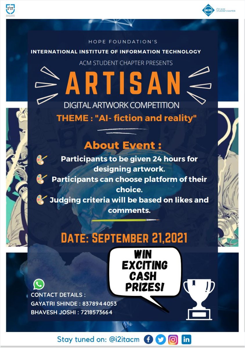 AcmI2it's tweet photo. On 21st September 2021, I2IT ACM Student Chapter conducted an online Digital artwork event.
Artisan was a fun-filled inter-college event. The theme for this event was AI-Fiction &amp; Reality.
Here are some snapshots of the event!
#acmindia #ACM #i2it @Indiaacm https://t.co/DzFP9xMp41