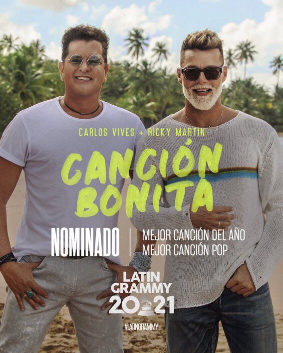 CARLOS VIVES RICKY MARTÍN nominados a los Latin Grammys 2021 en las categorías mejor canción del año pop y mejor canción por el tema "canción bonita" ! 

#LatinGrammy2021 #LatinGRAMMY #CarlosVives #rickymartin