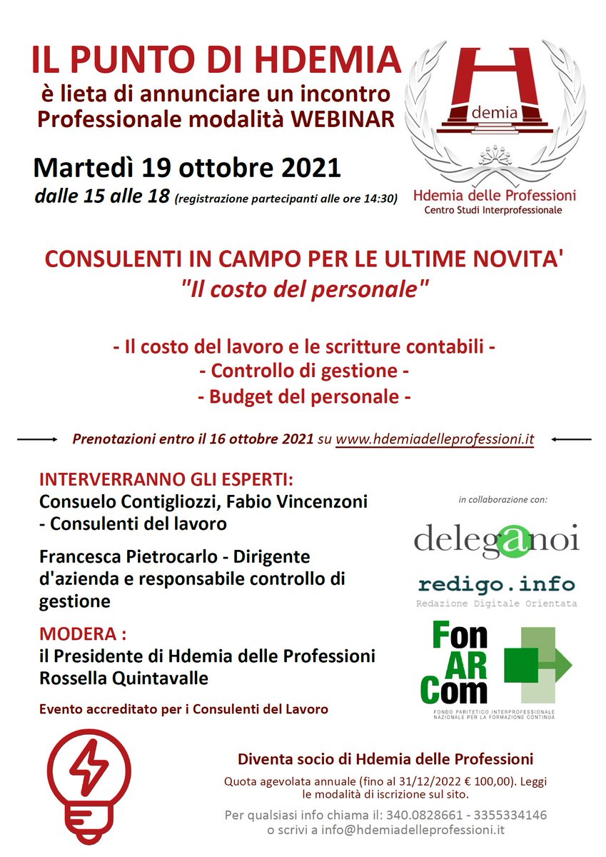 Sono aperte le iscrizioni al prossimo Evento, gratuito per tutti: il costo del personale - controllo di gestione- budget e novità contratto a termine con Consuelo Contigliozzi, Francesca Pietrocarlo e fabio Fabio Vincenzoni. Per i CDL aperta piattaforma
