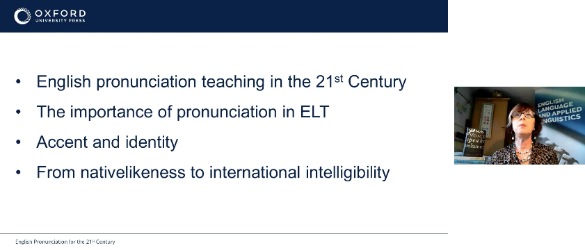 HelenTeachesEng's tweet photo. Great #Webinar @OUPELTGlobal #ELTTogether: Jane Setter's "#EnglishPronunciation for the 21st century". 

"The primary goal for pronunciation teaching must be international intelligibility, not sounding like a 'native speaker'."

#Nativespeakerism #ELTChat #ELT #Pronunciation #EFL https://t.co/L8MPHm7cll