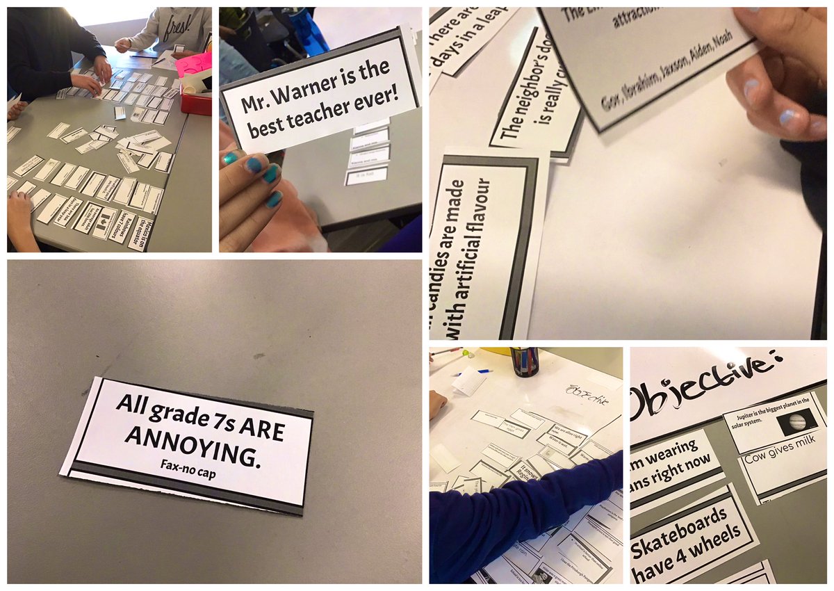 Building our #CriticalThinking tool kit with a stump your neighbour #Objective vs #Subjective table sort. 

I’m seeing at least one, undeniable objective fact here. 

#TheirWordsNotMine #shakeuplearning #yqr  <a href="/WascanaPlains/">Ecole Wascana Plains</a>