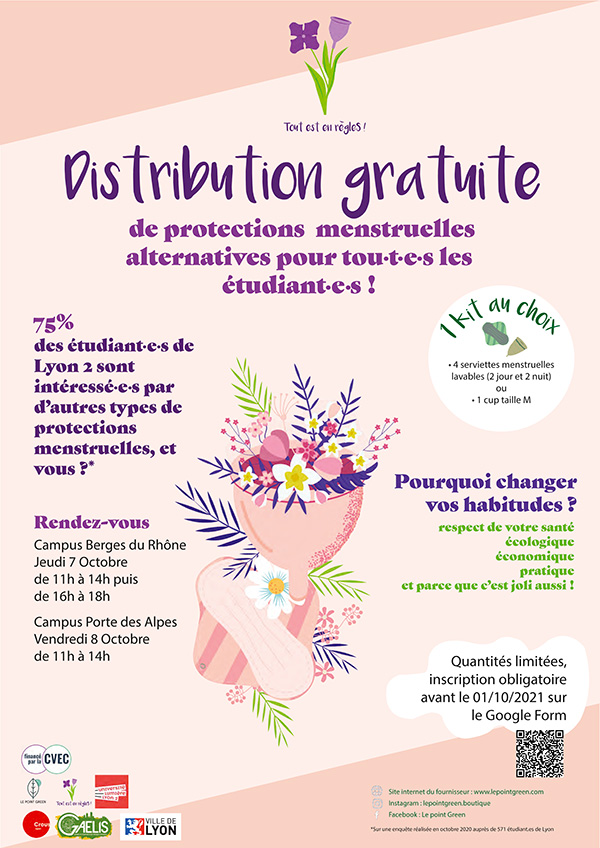 univ_lyon2's tweet photo. Les 7 et 8 octobre sur les campus BDR et PDA @univ_lyon2 organise avec l’équipe de Tout est en règleS! et Le Point Green 1 distribution gratuite de protections menstruelles alternatives SUR INSCRIPTION UNIQUEMENT AVANT LE 01/10 ➡ Toutes les infos sur https://t.co/Sln2DJyexi https://t.co/D68Hi3Ojxq