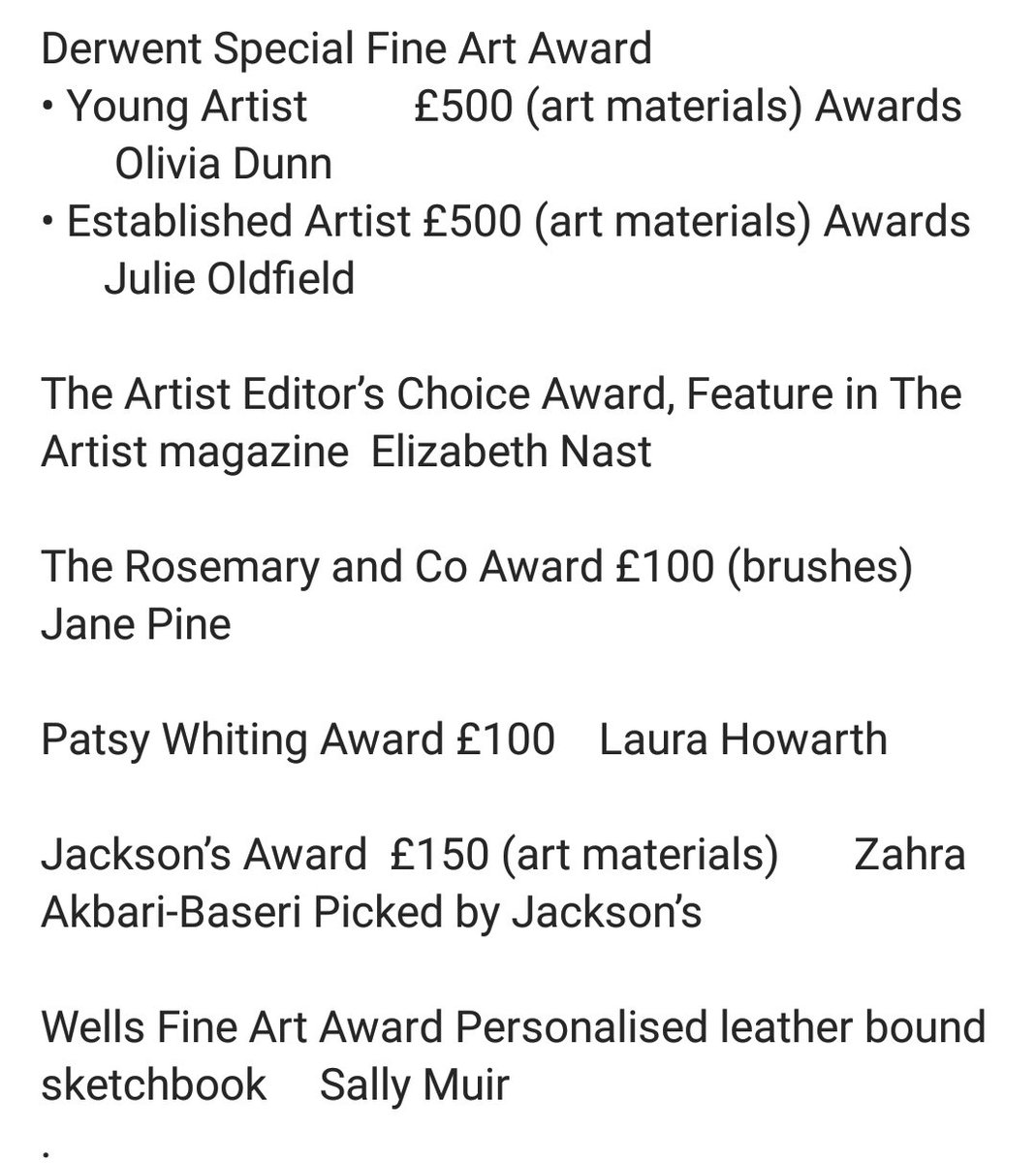 The Society of Artists 2021 Awards are announced. Many congratulations to the winning artists. 
View our Annual Open Exhibition: onlinegalleryswa160.oess1.uk
#swaonline2021 #swaawards2021 <a href="/jacksons_art/">Jackson's Art</a>
<a href="/derwentart/">Derwent Art</a> @artpublishing
<a href="/salmuirAdogaday/">sally muir</a> <a href="/lhowarth50/">Laura Howarth</a>  <a href="/liznast/">liznast SWA ASGFA</a> <a href="/helencsinclair/">Helen Sinclair</a>