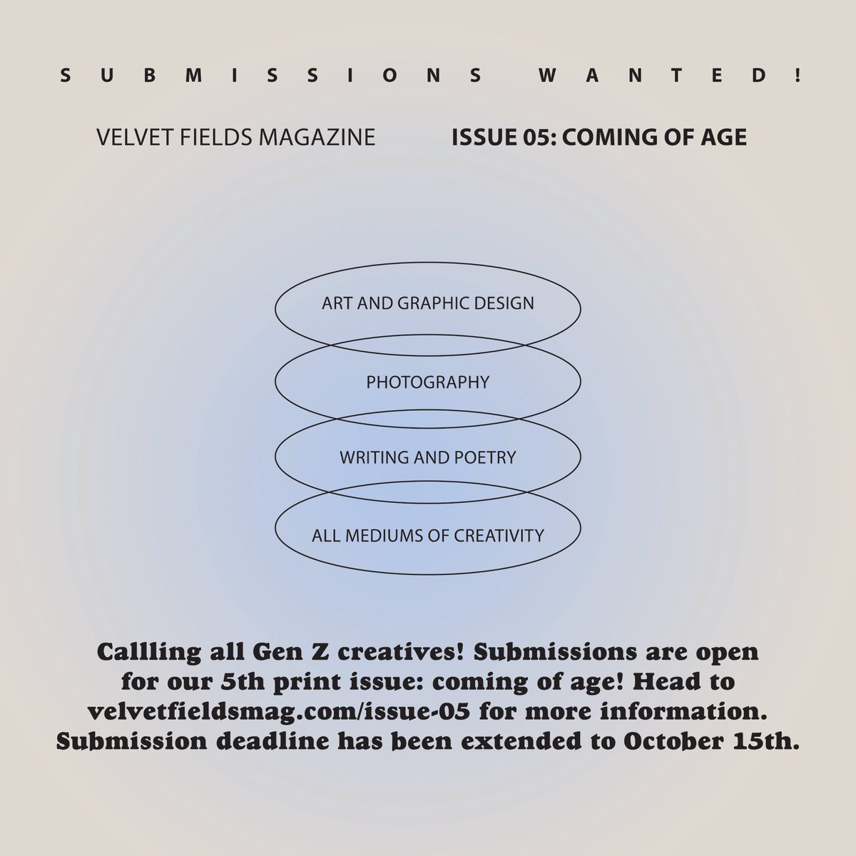 Deadline for our 5th issue submissions has been extended! Head to our website for more information ✨