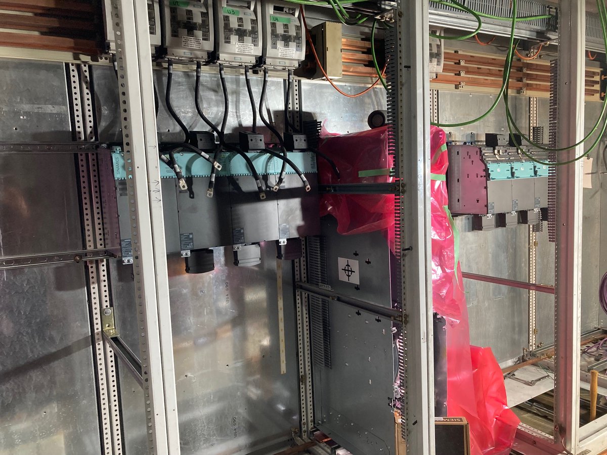 Worzalla Installation Progress - Lots of action happening on the Sunday 2000 installation in Stevens Point, WI. Here are few shots showing the main drive cabinets with power wires being pulled and terminated for ink and water drives and line modules for chill and folders.