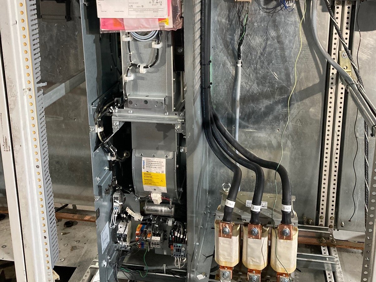 imPRESSions1995's tweet photo. Worzalla Installation Progress - Lots of action happening on the Sunday 2000 installation in Stevens Point, WI. Here are few shots showing the main drive cabinets with power wires being pulled and terminated for ink and water drives and line modules for chill and folders. https://t.co/jvr5Zyp4vJ