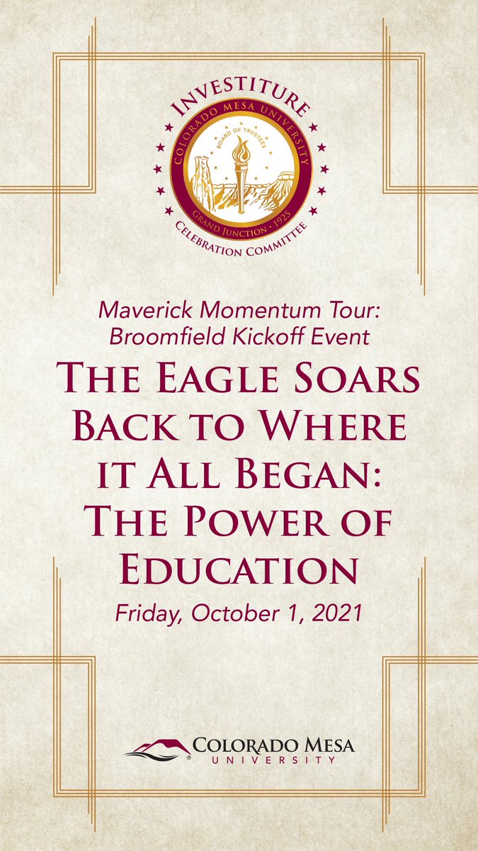 Honored to serve as <a href="/ColoradoMesaU/">Colorado Mesa University</a> Investiture Chair &amp; joined by fellow BHS &amp; CMU Alum Beau Smith to ring in new era. <a href="/BroomfieldHigh/">Broomfield HS</a> Eagles! Join us Fri. Oct. for homecoming to welcome Pres <a href="/maverickprez/">John Marshall</a>
View  coloradomesa.edu/maverick-momen…

#EaglePower #BHSAlumni
#Mav4Life
#MavMonth21