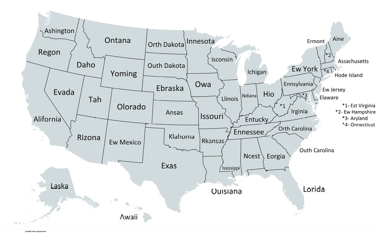 TerribleMaps's tweet photo. US states but the first letter is missing https://t.co/8Dq0rpQp5R