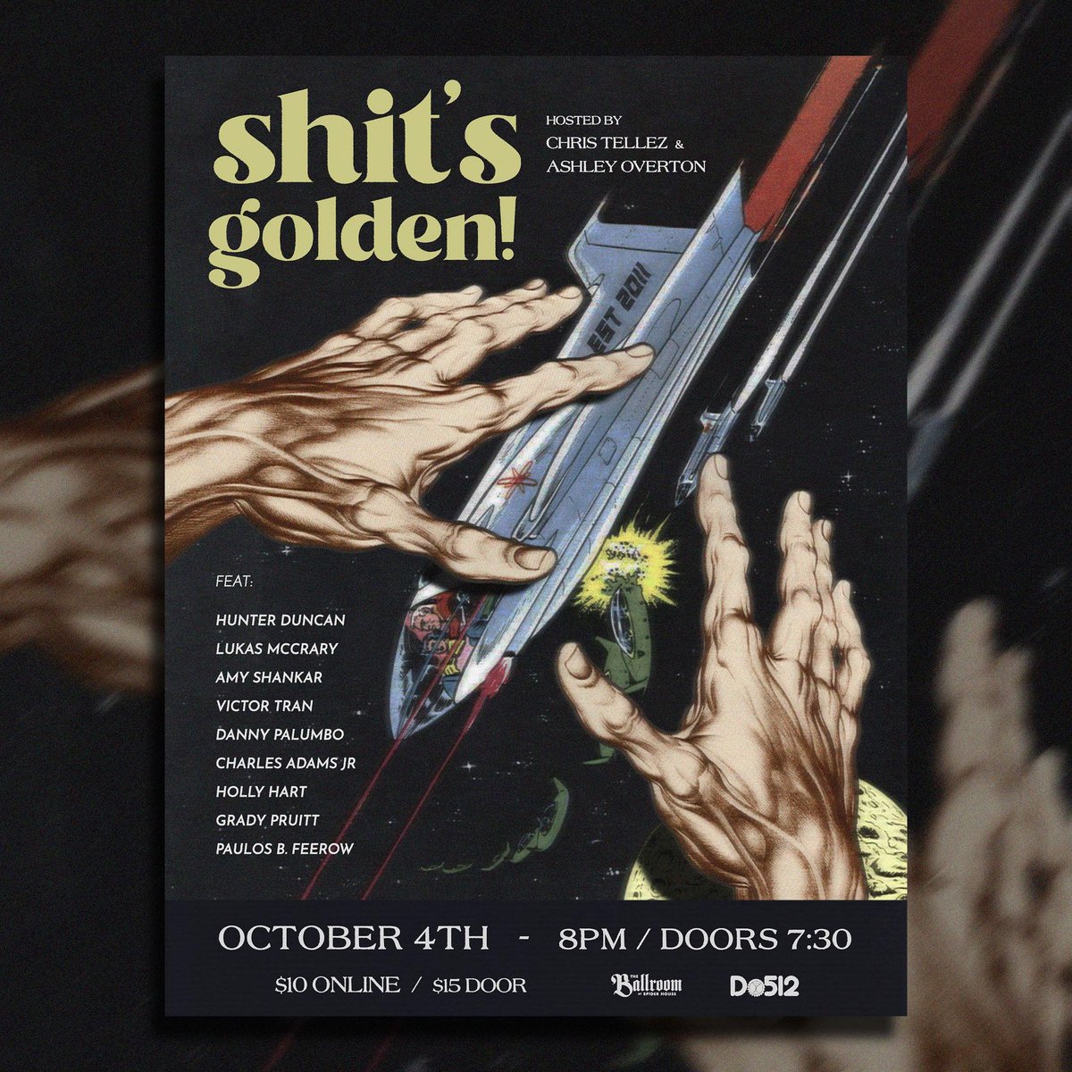 Do512 (@do512) on Twitter photo Austin’s longest running comedy show brings another amazing lineup to <a href="/spiderhouse/">Spider House</a> Ballroom on 10/4! See why <a href="/shitsgolden/">Shit's Golden!</a> has been a staple in the ATX comedy scene for almost 10 years!
Details: bit.ly/3CXqZ6d Austin’s longest running comedy show brings another amazing lineup to <a href="/spiderhouse/">Spider House</a> Ballroom on 10/4! See why <a href="/shitsgolden/">Shit's Golden!</a> has been a staple in the ATX comedy scene for almost 10 years!
Details: bit.ly/3CXqZ6d