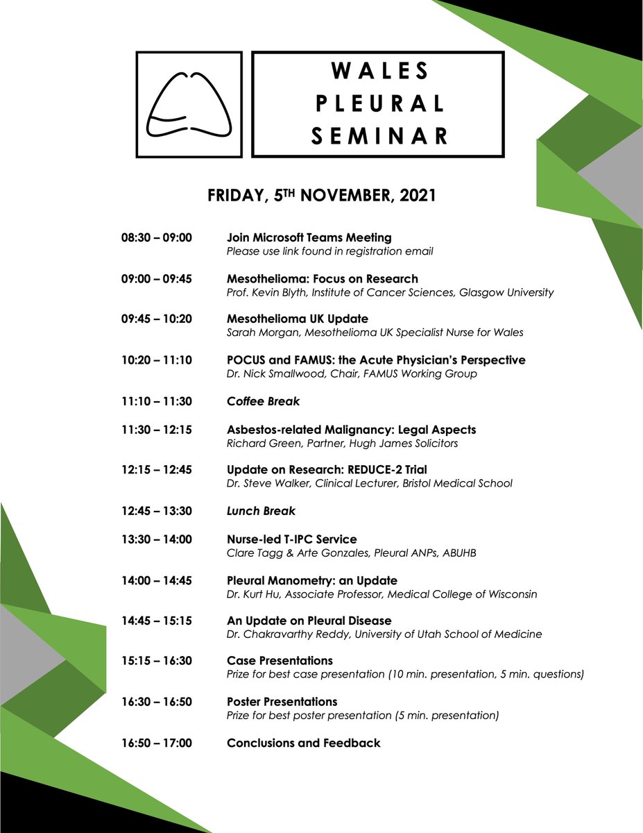 Pleased to announce the final programme for this year's Pleural Seminar taking place on Friday, 5th November 2021.

Register: forms.gle/uRANernPYniSoq…