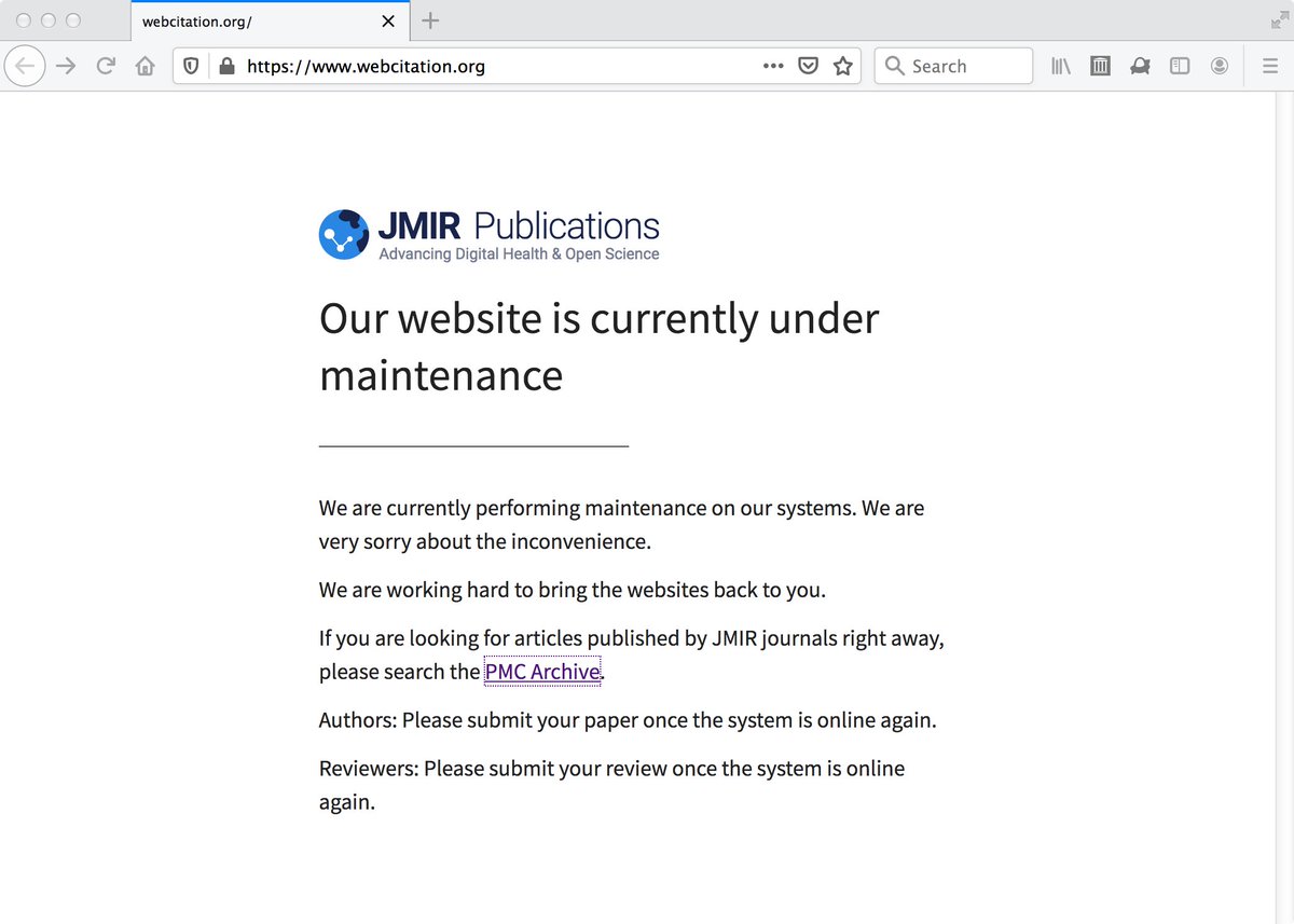 Michael L. Nelson (@phonedude_mln) on Twitter photo The other day <a href="/mart1nkle1n/">Martin Klein</a> pointed out that webcitation.org is down, again. This time it's a mesg from <a href="/jmirpub/">JMIR Publications</a>.
#WebArchiveWednesday thread The other day <a href="/mart1nkle1n/">Martin Klein</a> pointed out that webcitation.org is down, again. This time it's a mesg from <a href="/jmirpub/">JMIR Publications</a>.
#WebArchiveWednesday thread