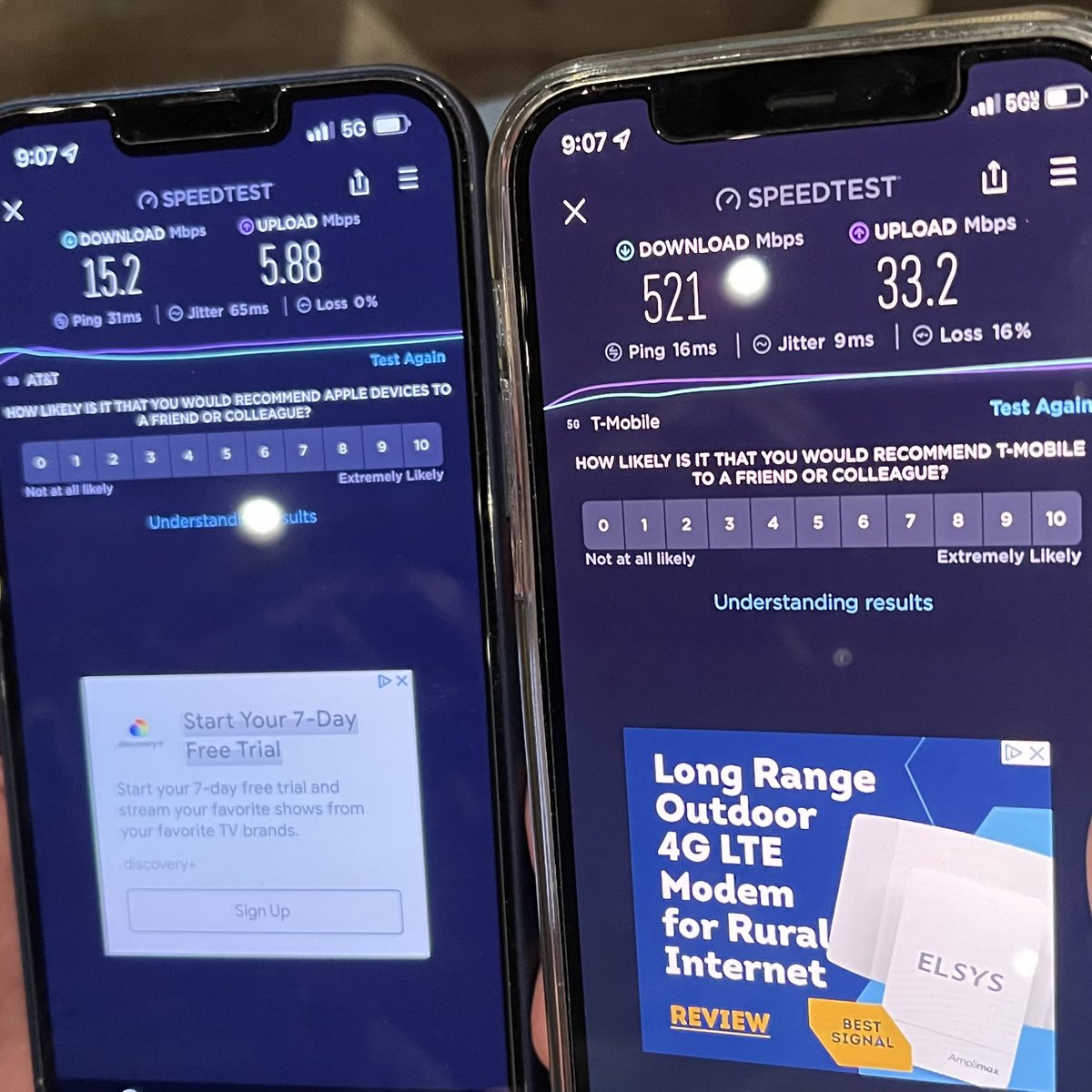 AngieLC18's tweet photo. Phone on the left is an iPhone 13 pro max on ATT 5G….phone on the right is an iPhone 12 on @TMobile 5G UC…..you see that correct 15.2 vs 521  #notevenclose https://t.co/rL0q1enyPz
