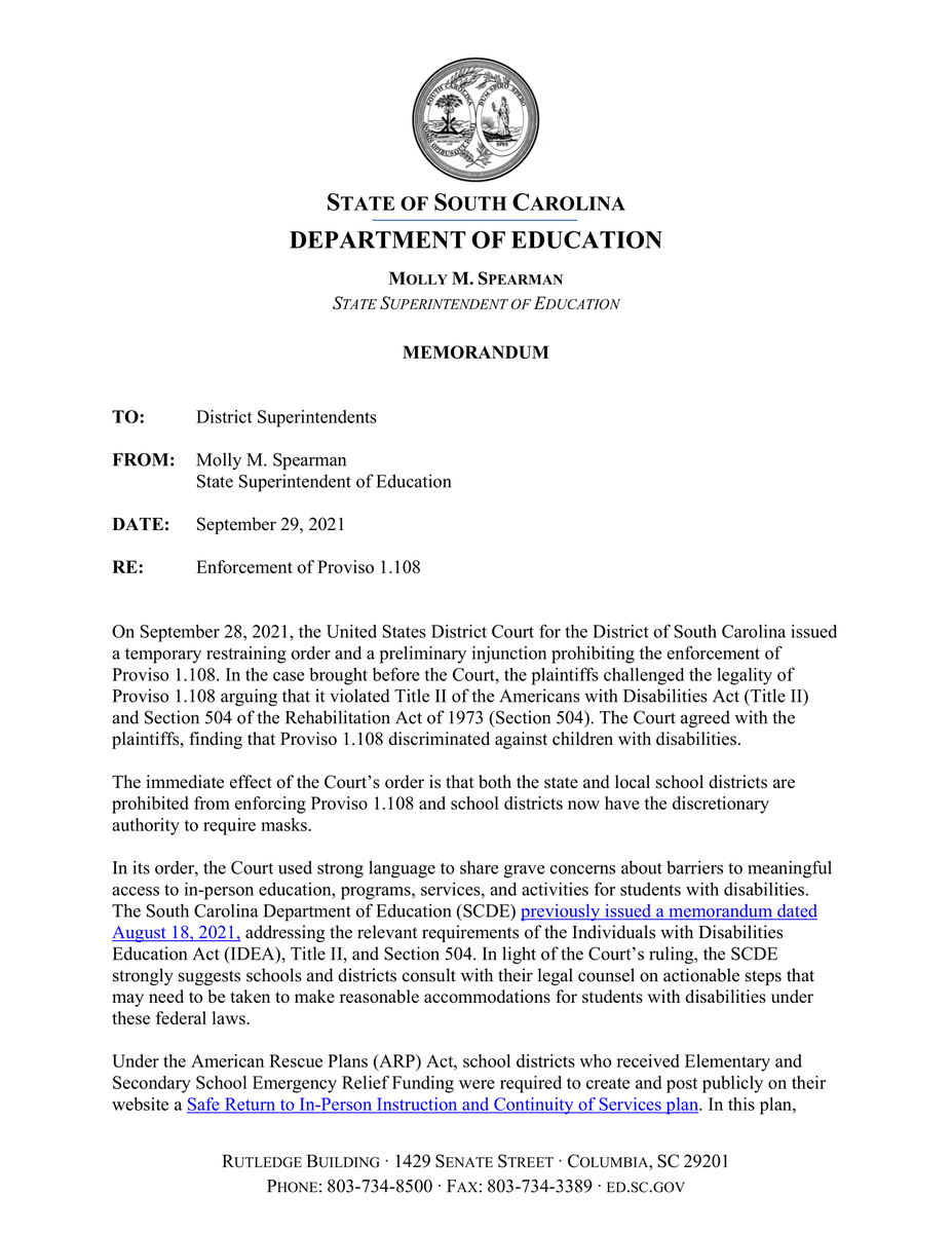 PSTANews's tweet photo. Per @EducationSC, the announcement of a temporary restraining order against Proviso 1.108 by a federal judge means that "districts now have the discretionary authority to require masks." https://t.co/7LXxuYwvDi