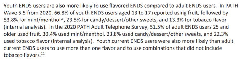 FDA's sample PMTA review even acknowledges that ADULTS are more likely to use fruit-flavored e-cigs compared to tobacco-flavored.