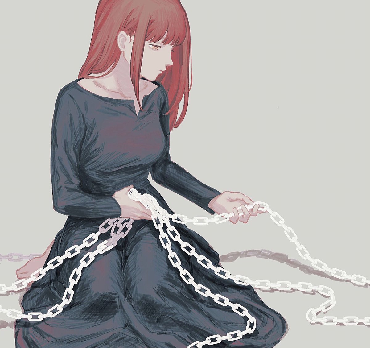 makima (chainsaw man) 1girl dress chain black dress red hair solo simple background  illustration images