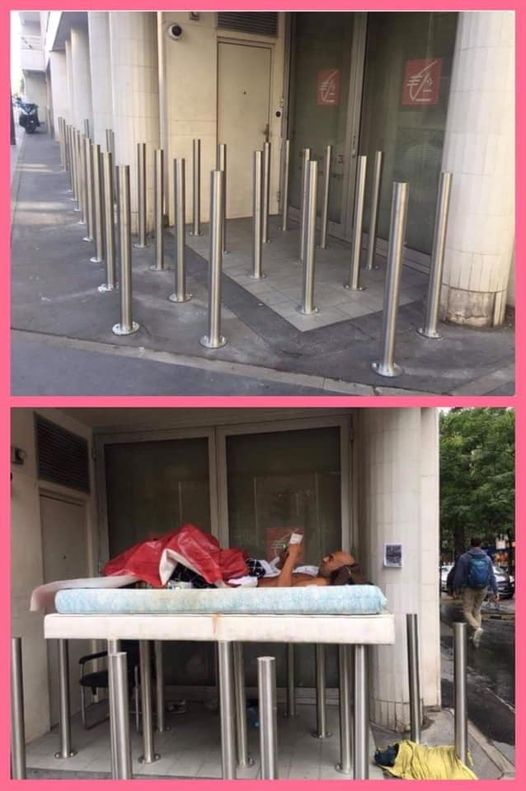 Council installs 30 metal posts to stop a homeless guy from sleeping here, but he rose above it! 👌😆