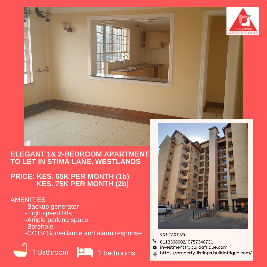 Elegant 1 and 2-bedroom Apartments, To Let in Stima Lane, Westlands.

Letting at: 65K for 1-bedroom 

                75K for 2-bedroom apartments.

Get in touch today and book a viewing! 
Telephone No: 0113368002/ 0757340731
Or visit our website at: lnkd.in/d8dtBEN8