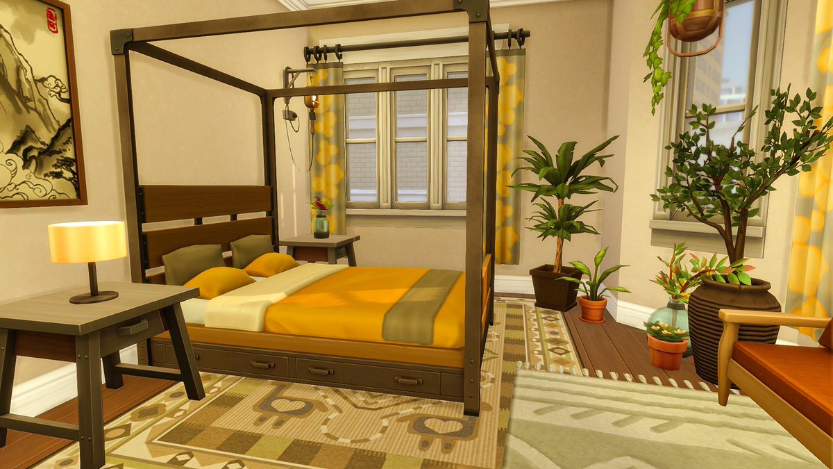 TheSpookySimmer's tweet photo. The main bedroom in my autumnal industrial apartment 🍂✨ @TheSims #TheSims4 #ShowUsYourBuilds #Ps4 #ConsoleBuilds #NoCc https://t.co/TUIc49jhnh
