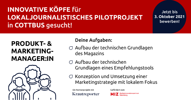 MIZBabelsberg's tweet photo. ⏱️ Der Countdown läuft! Noch bis Sonntag könnt ihr euch für unser Förderprojekt mit dem Partner @krautreporter bewerben. Dafür suchen wir neben jeweils einer Person mit Schwerpunkt #Journalismus und #CommunityManagement auch eine:n Marketing- und #ProduktManager:in.