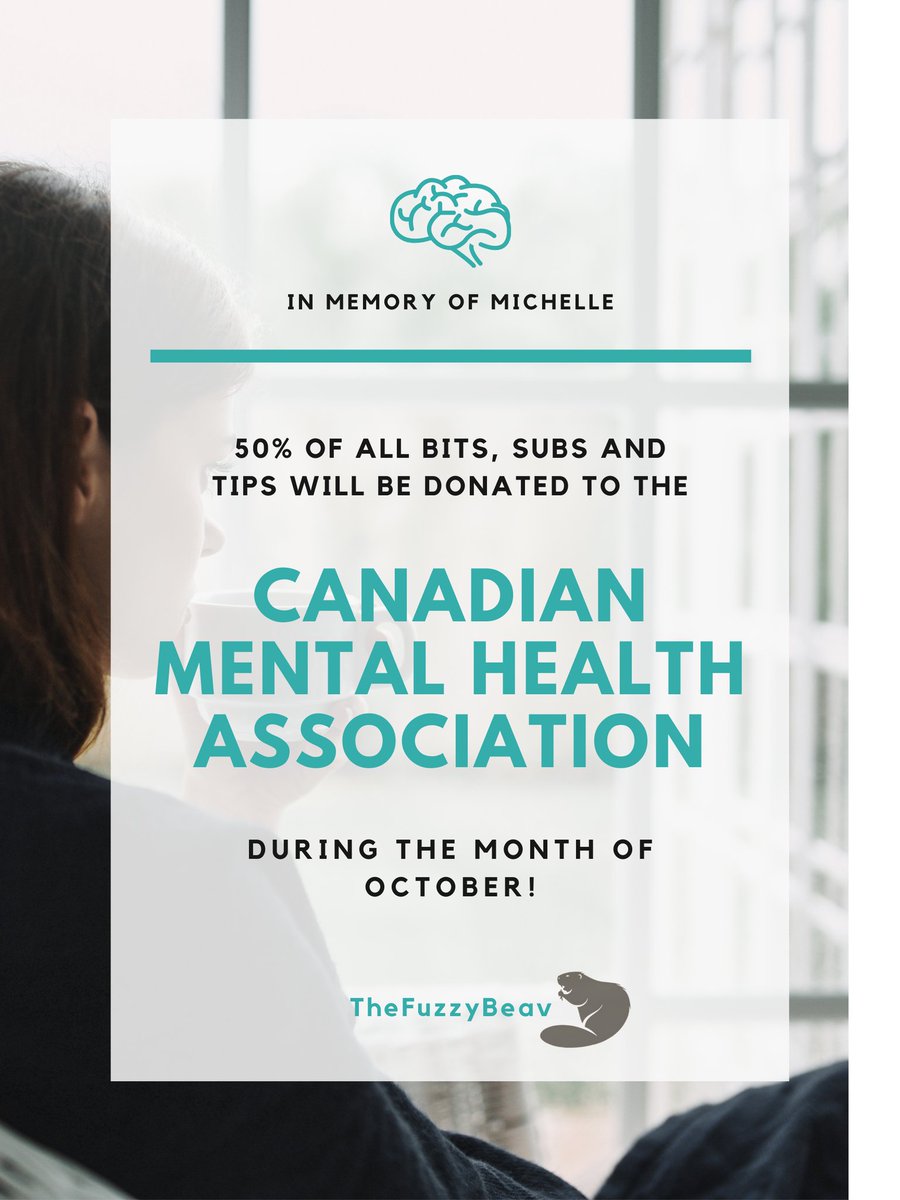 TashaSurvives's tweet photo. For the entire month of October, 50% of all proceeds from bits, subs and tips (donations) will be donated to my local branch of the CMHA.
#formichelle #TwitchStreamers #CMHA #mentalhealth #charity #ItsOkayToNotBeOkay #femalestreamer https://t.co/nt3IyqMtXb