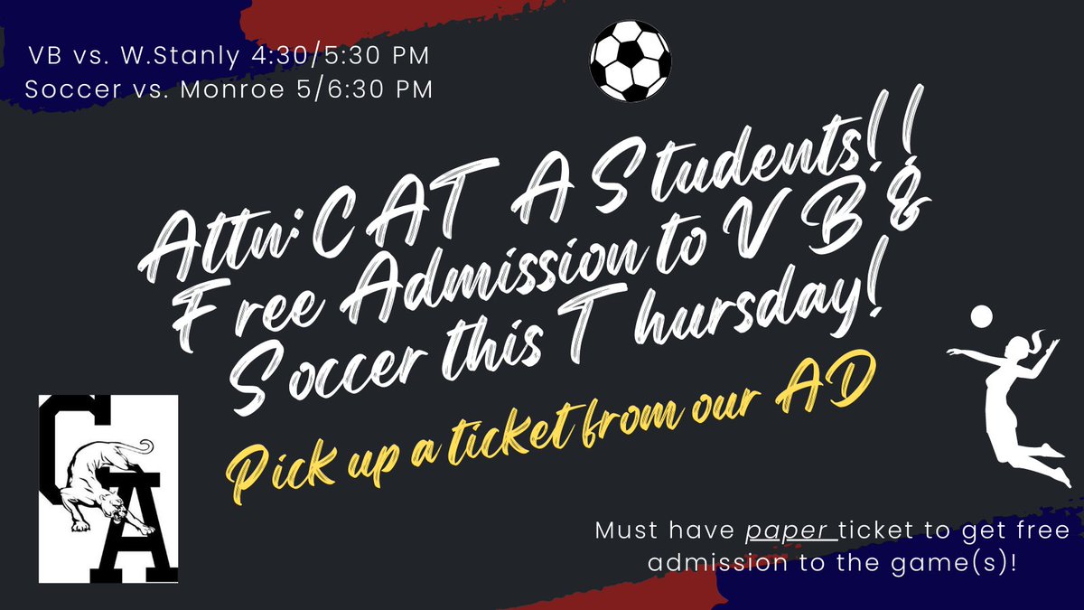 CATA Students: Come cheer our Soccer and/or Volleyball teams this Thursday. Free admission for CATA students!!!
**Must pick up a paper ticket from our Athletic Director on Weds or Thurs.** #clawsout <a href="/VickiMerritt13/">Vicki R. Merritt</a> <a href="/cata_monroe/">Cata Monroe</a> @CATACoachJay