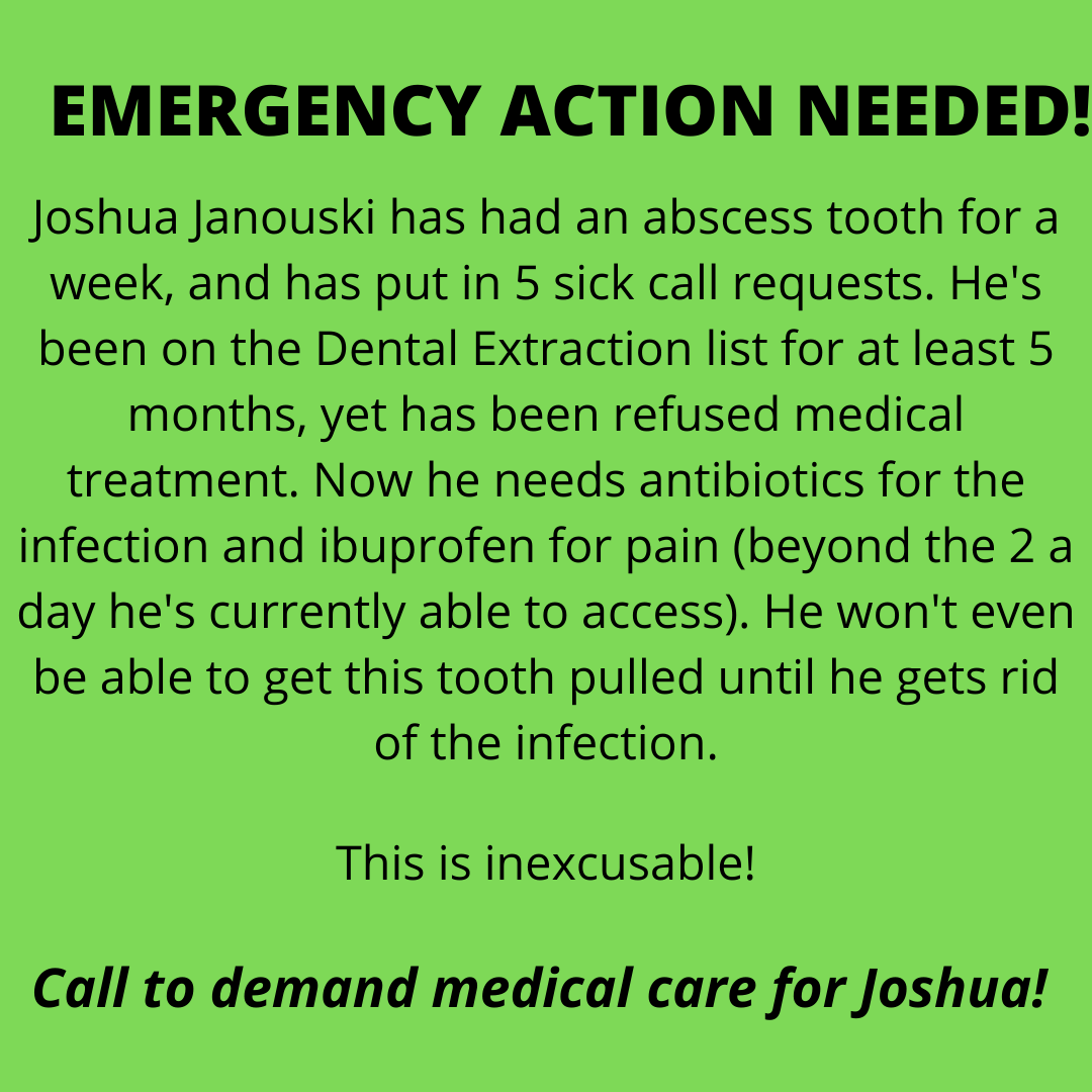 No_Cop_Zone's tweet photo. Joshua Janouski from Warner Robins, GA is being denied medical treatment in Coffee prison. Please retweet and way more importantly: CALL! <3 @prisonskill @AtlantaIWOC @SolUnderground @CommunityMvt @Mama_Fund @mainlinezine @atlanta_press @endstateatl @darcatl @atlmadrelief https://t.co/XuPljr0dl7