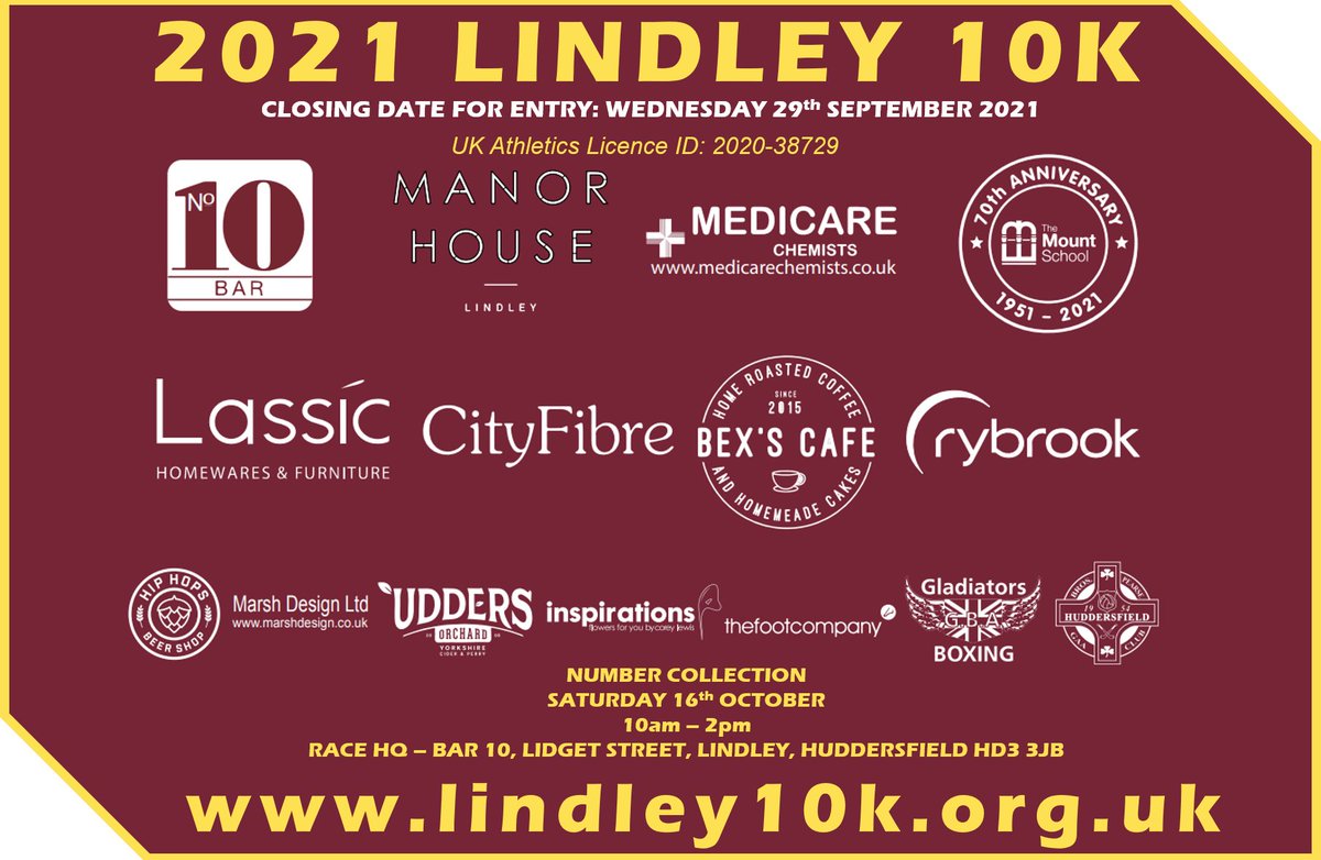 CLOSING DATE FOR 2021 LINDLEY 10K
Online entry for the 2021 Lindley 10k will close on Wednesday 29th September. 

Enter Lindley 10k: runbritain.com/entries/EnterR…

Thank you to all our amazing sponsors and partners for supporting this event.
#Lindley #Lindley10k #LindleyJuniorRun